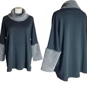 Capote Gray Knit Cowl Neck Sweater Tunic Top Contrast Sleeve Women’s Small